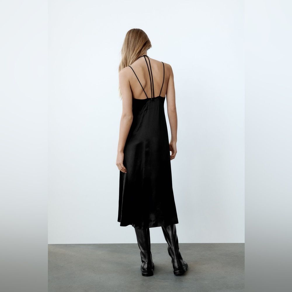 Zara Women's Small Satin Midi Strappy Dress V-Neck Wrap Lingerie Black 9006/156 - Picture 4 of 8